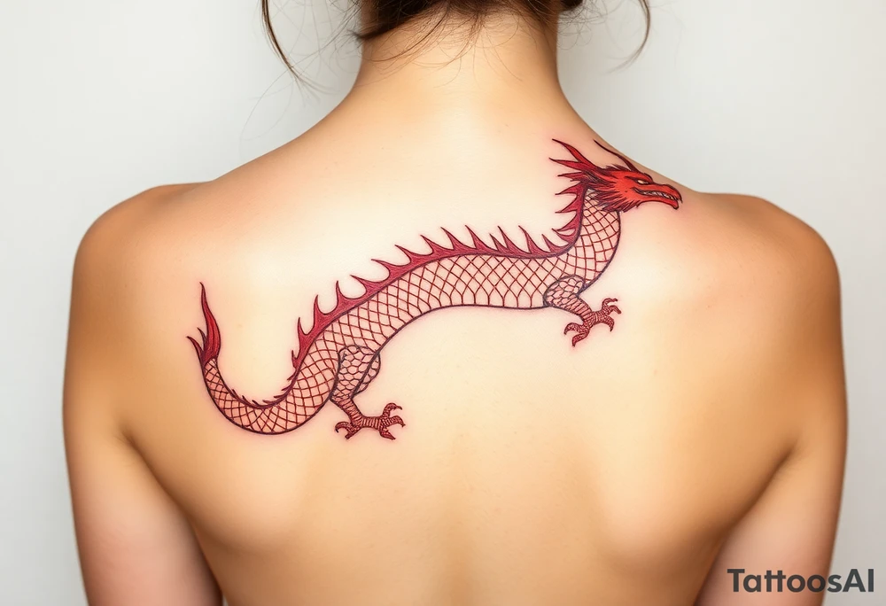 Big red chinese dragon along spine tattoo idea