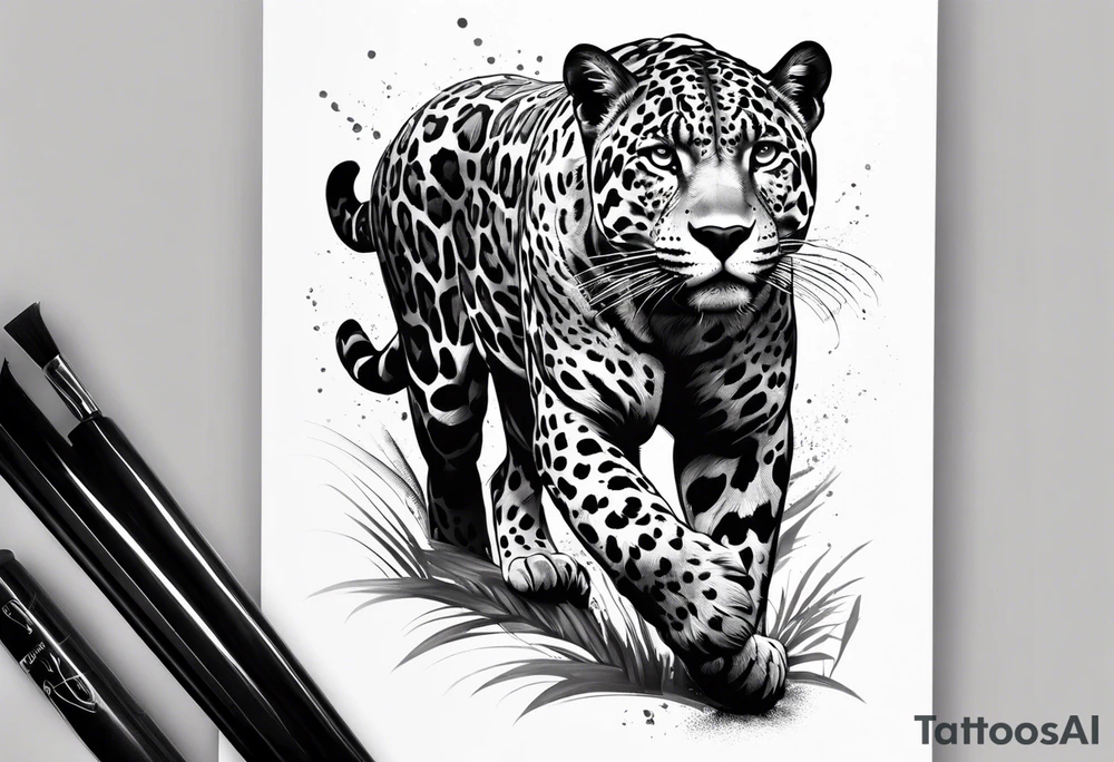 Create and black and grey realistic jaguar walking toward you with rainforest background for a forearm tattoo tattoo idea