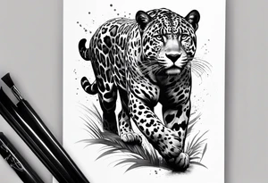 Create and black and grey realistic jaguar walking toward you with rainforest background for a forearm tattoo tattoo idea