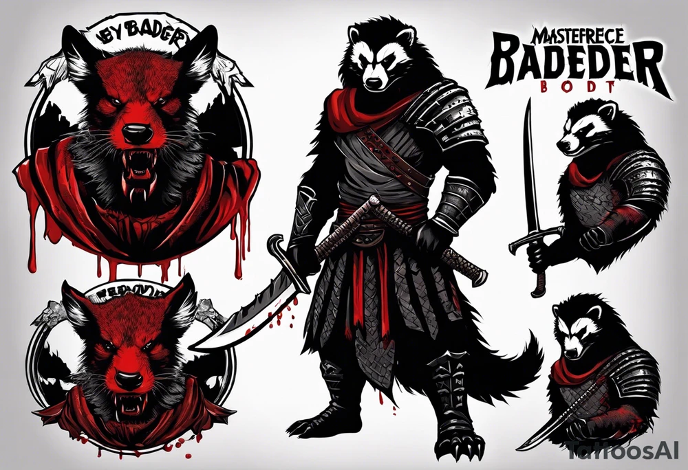 Draw me psychopath Honey Badger/Berserker/Assasin with aggressive full body, killer face with a scary smile, very long nails and he attacks like a Bloody Assassin/Warrior/Gladiator to us and also, he has very deadly looking. He fights with his nails only. Everybody scares after their first sight. Give me horror type Badger Tattoo. I want to see his Realistic full body with no weapons. You can show destruction at the back. tattoo idea