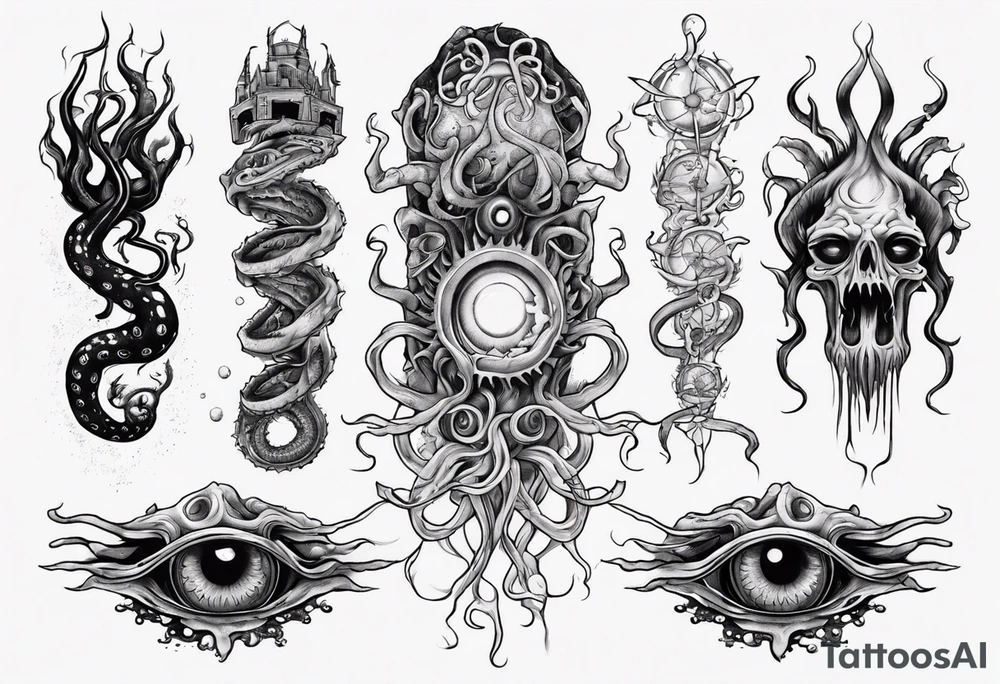 lovecraft long tattoo to put on the forearm, with eye and tentacle tattoo idea