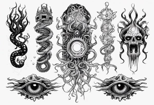 lovecraft long tattoo to put on the forearm, with eye and tentacle tattoo idea