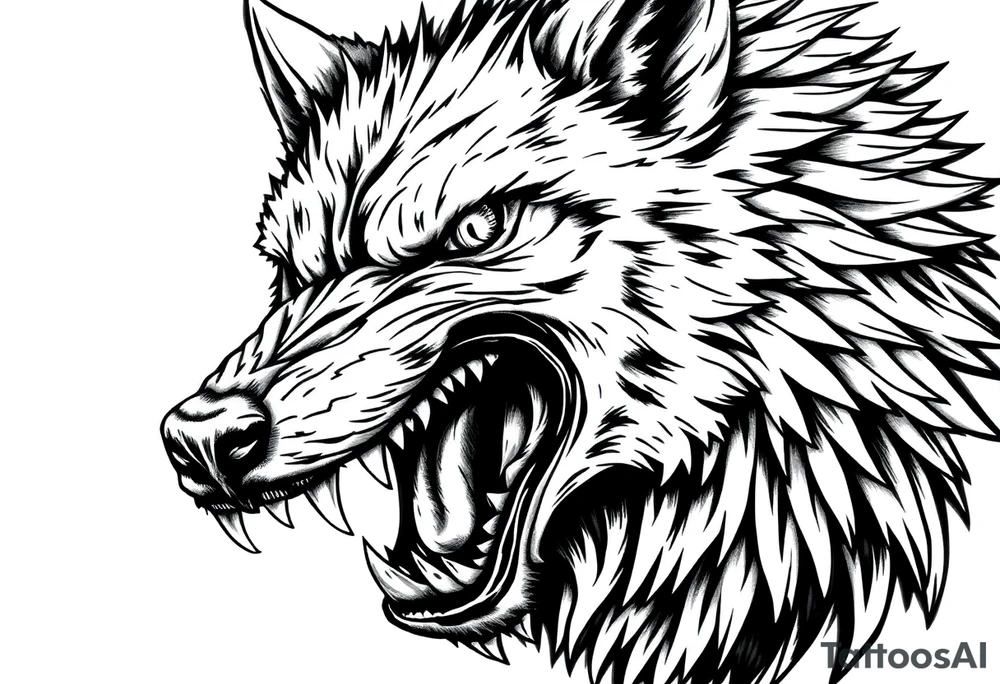 Close-up portrait of a snarling werewolf, sharp teeth bared, glowing eyes,moon tattoo idea