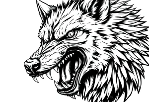 Close-up portrait of a snarling werewolf, sharp teeth bared, glowing eyes,moon tattoo idea