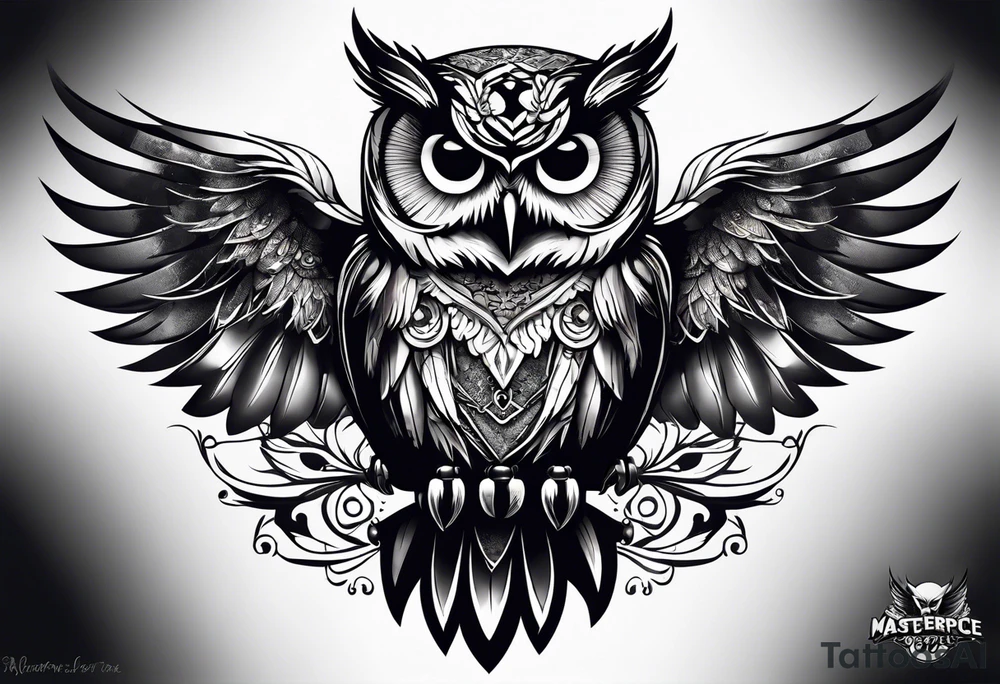 owl with skull in chest and wings tattoo idea