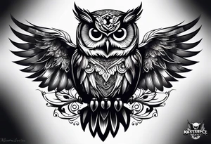 owl with skull in chest and wings tattoo idea