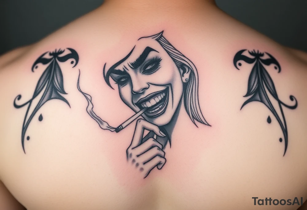 Evil smiling woman holding a cigarette tattoo idea