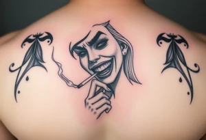 Evil smiling woman holding a cigarette tattoo idea