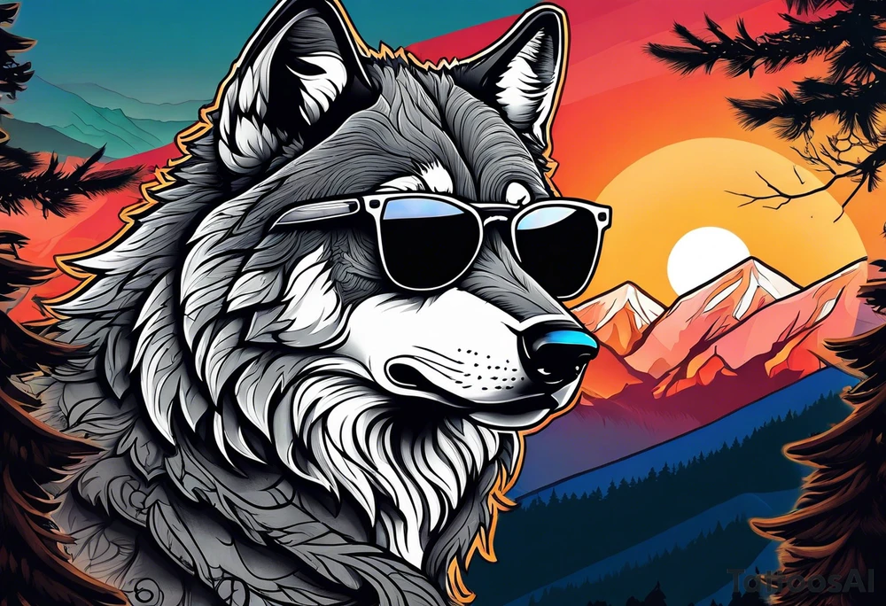 Badass wolf wearing sunglasses
Dark woods
Mountains
Sunset tattoo idea