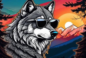 Badass wolf wearing sunglasses
Dark woods
Mountains
Sunset tattoo idea