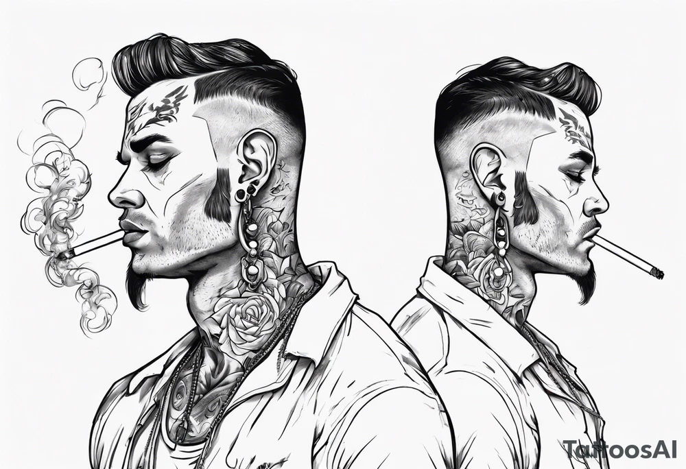 A man standing full-length, smoking a cigarette, with earrings in his ears, no headgear tattoo idea
