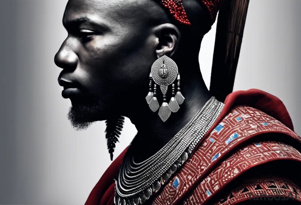 Black-skinned bald african warrior. He wears a simple and small silver crown. He uses two simple necklaces: one blue, other red. tattoo idea