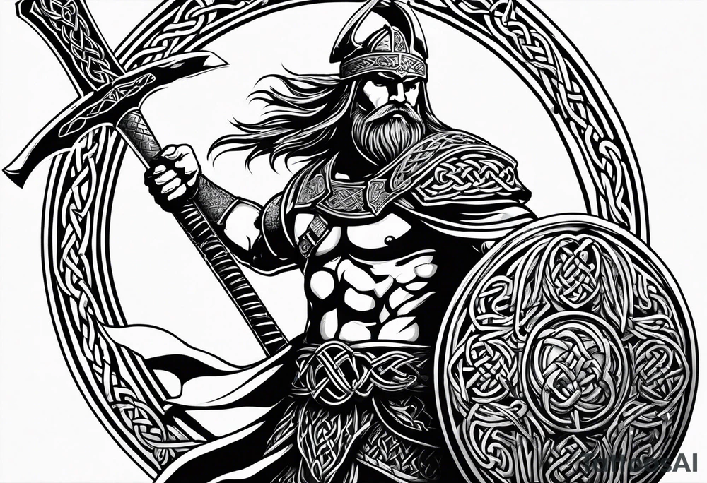 Side full body shot of Celtic warrior with sword and axe. tattoo idea