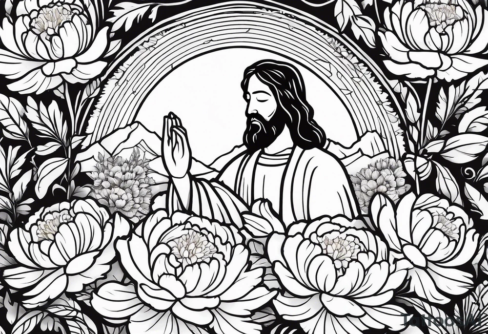 Jesus Christ praying in a peony garden and healed a blind man tattoo idea