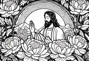 Jesus Christ praying in a peony garden and healed a blind man tattoo idea