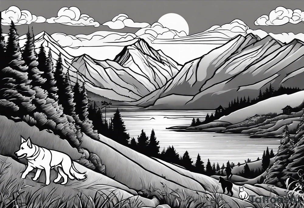 nature, sunset, mountains, a father and son hiking with their dog and cat and a cross tattoo idea