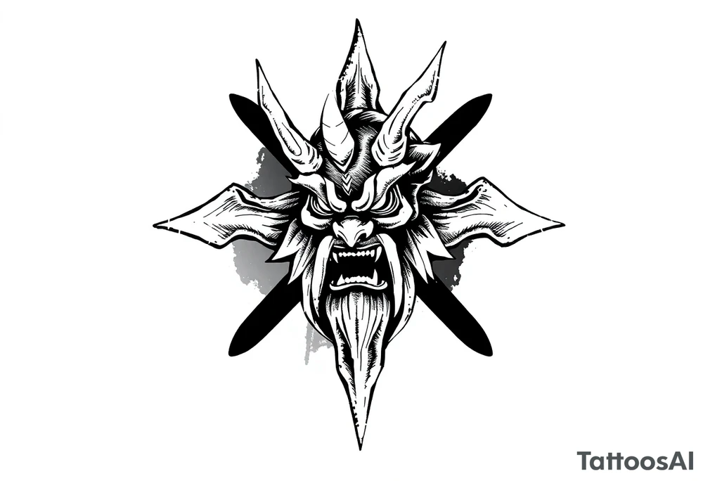 Abstract asterisk with a Japanese folklore demon from old times tattoo idea