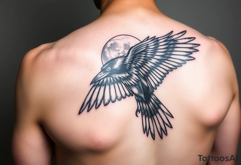 Raven from side view with wing out over moon tattoo idea