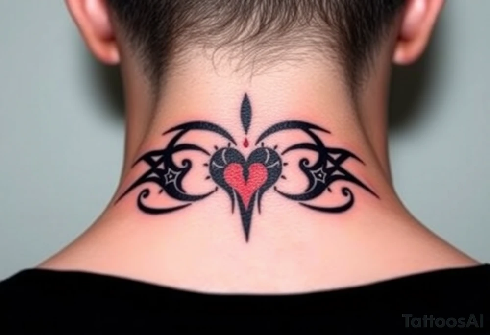 A bold tribal-style infinity symbol with sharp geometric patterns and heart, in black ink with subtle red accents tattoo idea