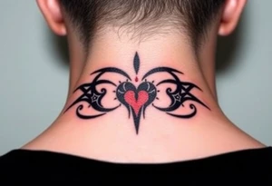 A bold tribal-style infinity symbol with sharp geometric patterns and heart, in black ink with subtle red accents tattoo idea
