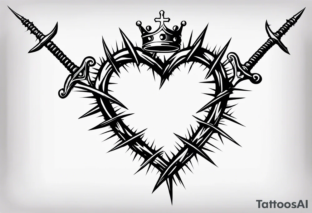 A simple design of a crown of thorns resting on the guard of a sword that is piercing a heart tattoo idea