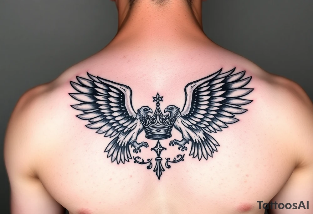 Chest tattoo,powerful two symetrical majestic eagles, surrounded by lure ornaments , between eagles a crown tattoo idea