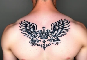 Chest tattoo,powerful two symetrical majestic eagles, surrounded by lure ornaments , between eagles a crown tattoo idea