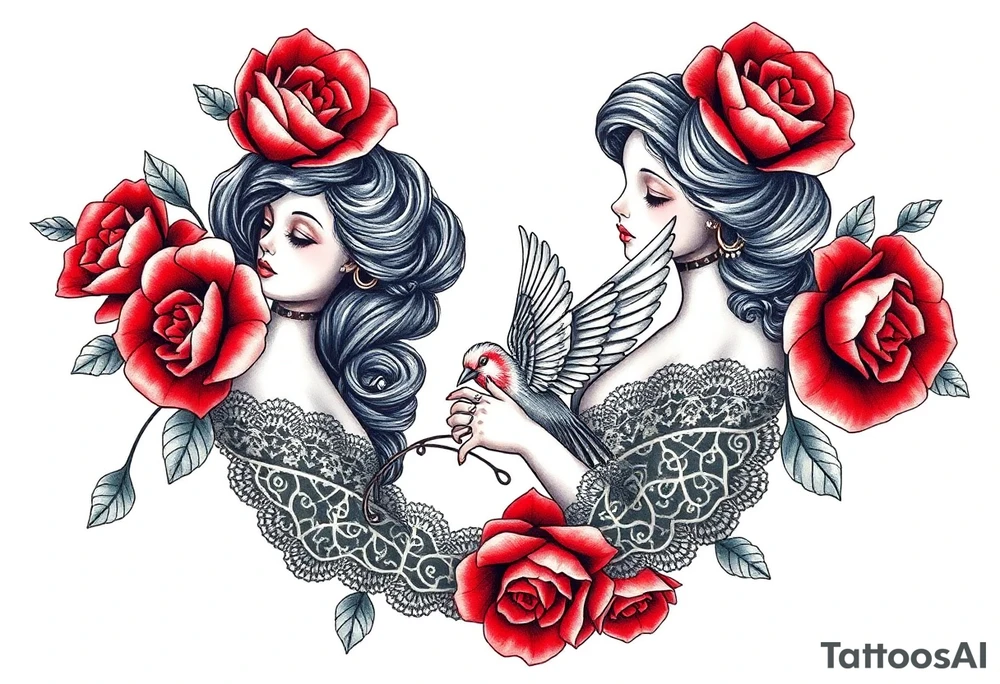 Vintage dollies, red roses, lace, red bird, vintage, wrap around, no person tattoo idea