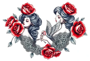 Vintage dollies, red roses, lace, red bird, vintage, wrap around, no person tattoo idea