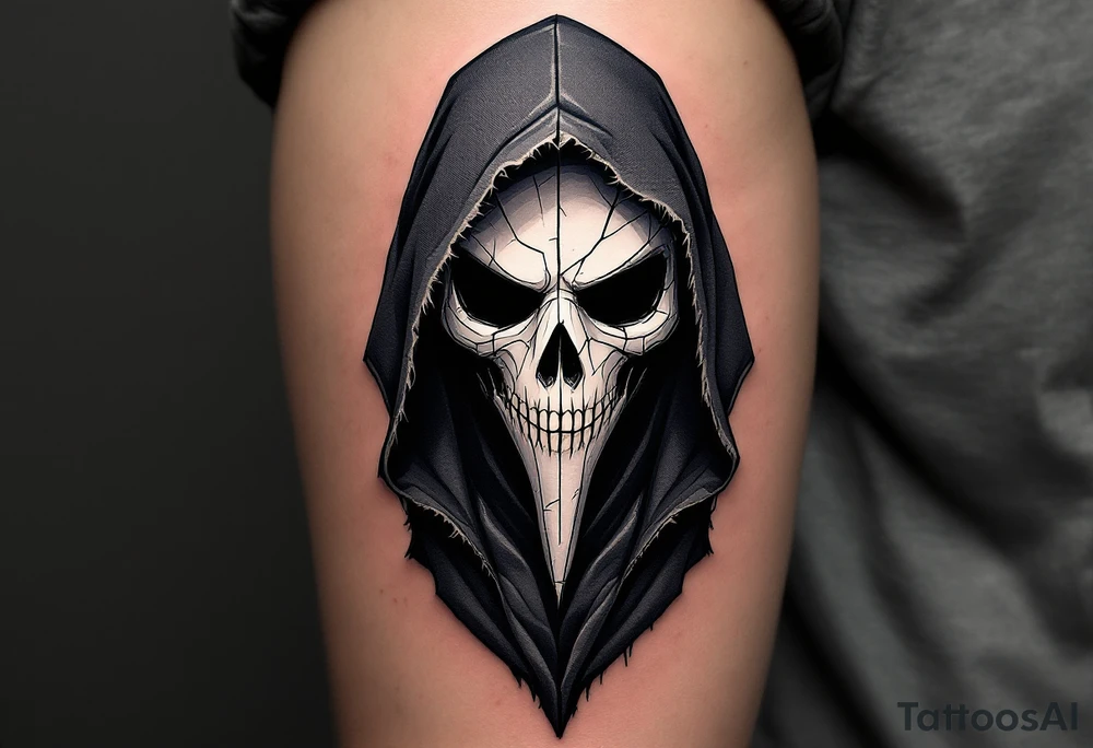 Plague Doctor with Broken Mask – A sinister plague doctor with tipical mask and a fractured porcelain-white mask, revealing hollow darkness beneath. The robes are dark gray with frayed edges, giving the figure an eerie, ghostly presence. tattoo idea