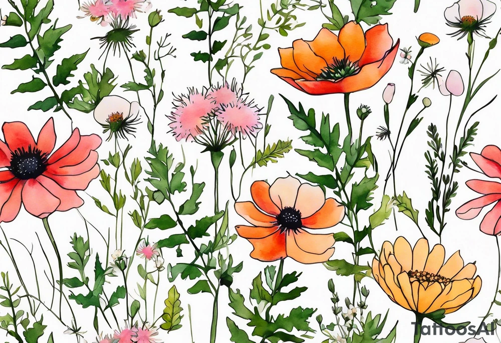 simple wildflowers cascading with thistles, ferns, white anemones, sun flowers, red flowers, pink flowers, green flowers, buttercups, orange flowers, babys breath and daisies all in watercolor tattoo idea