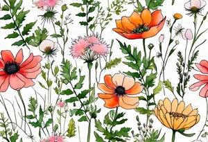 simple wildflowers cascading with thistles, ferns, white anemones, sun flowers, red flowers, pink flowers, green flowers, buttercups, orange flowers, babys breath and daisies all in watercolor tattoo idea