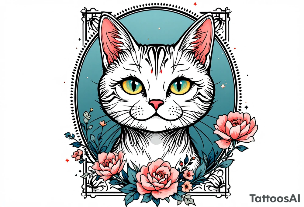Neo traditional cat just the head and neck in an art nouveau frame tattoo idea