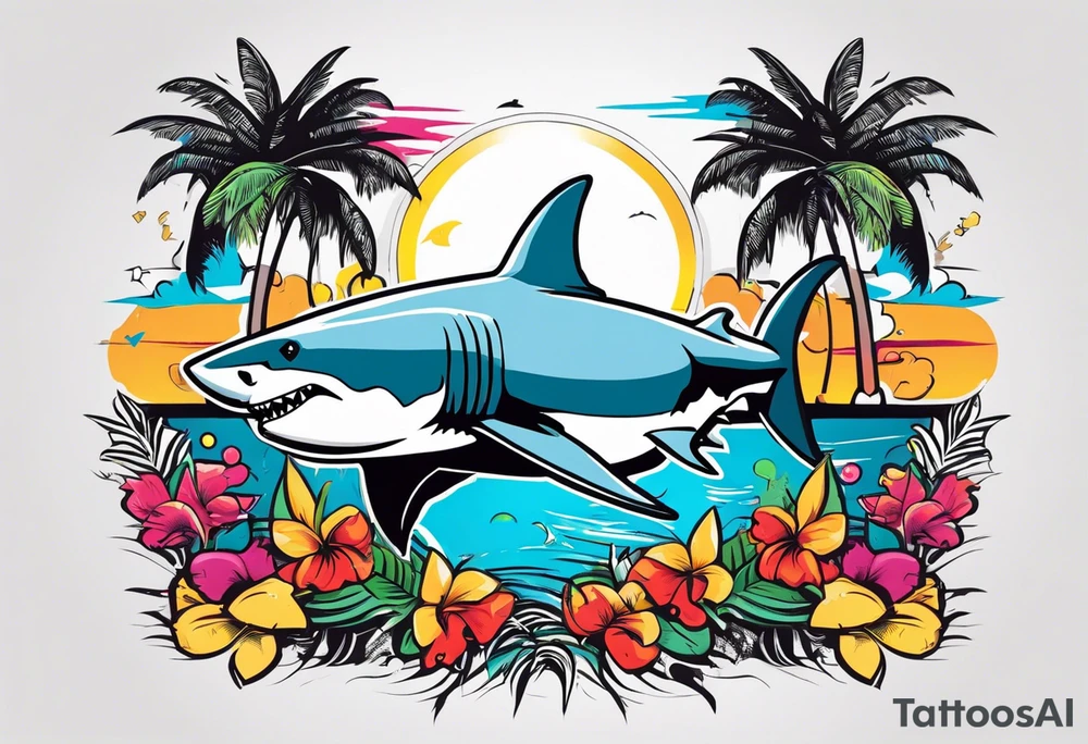 Great white shark, palm trees, money signs tattoo idea