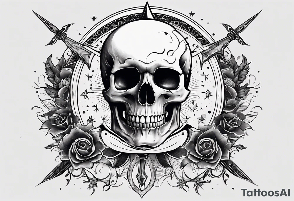 Simple Skull with third eye and dagger through it with the phases of the moon at the bottom endless spiral tattoo idea