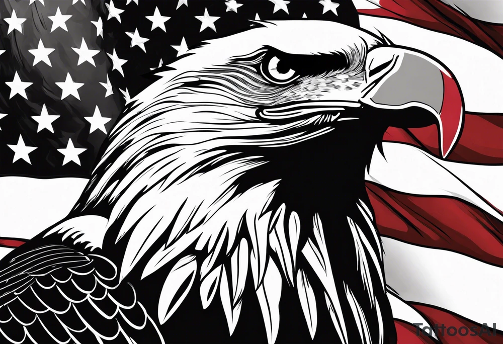 American flag flowing down arm with bald eagle head tattoo idea