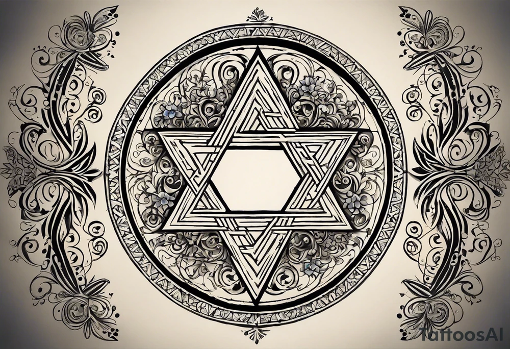 I would like two symmetrical tattoos on the left and right sides of my chest. The main element should be a Star of David (six-pointed star) on each side. Inside each star, I want the Armenian Wheel of Eternity.

	•	The Wheel of Eternity should be placed in the center of the Star of David, with a circular, swirling design to symbolize infinity and continuous life cycles. It should be detailed but simple enough to blend seamlessly with the star.
	•	The overall look should be bold, clean, and geometric, with a modern and minimalist style. tattoo idea