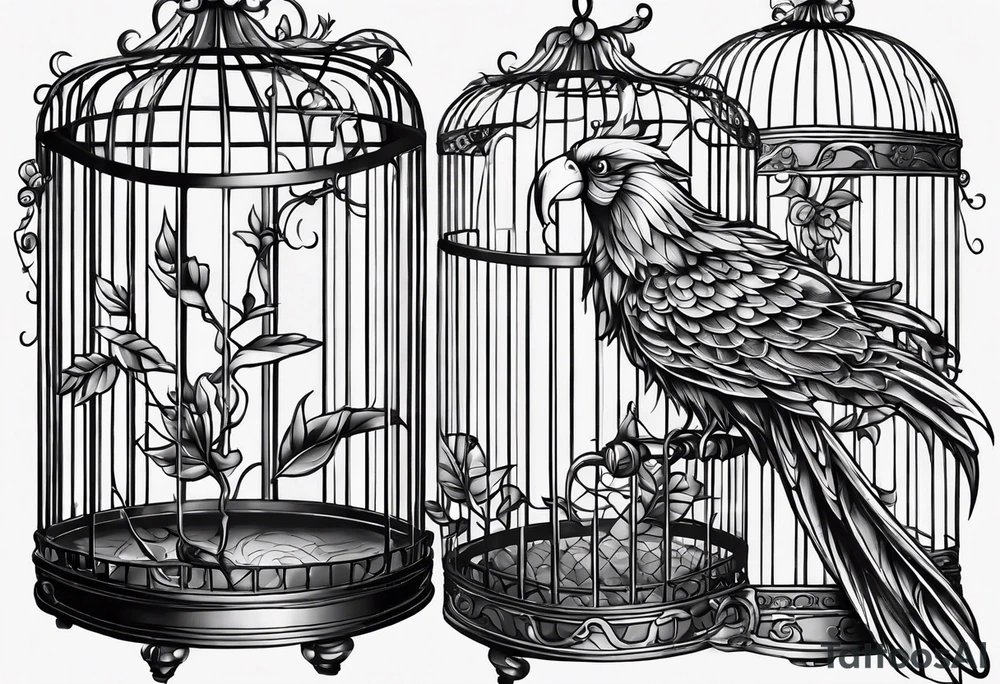 neo traditional decoration only on the left side, on the top of a long bird cage with a too big bird in it. tattoo idea
