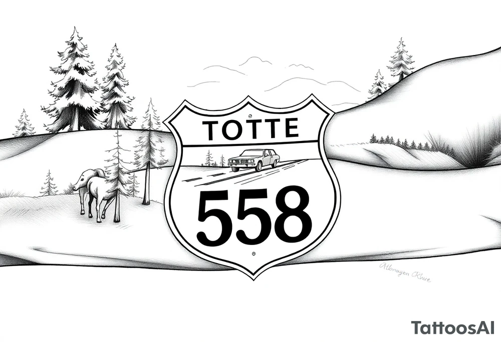 small State Route sign 558, with trees all around and a farm in background, road with a car scenic tattoo idea