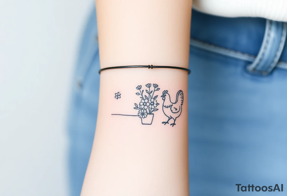 A bracelet that includes a very small tractor and bouquet flowers and a chicken tattoo idea