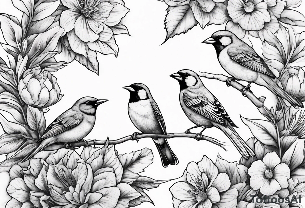 A flower garden with three birds one red cardinal one green and red breasted humming bird and one yellow finch tattoo idea