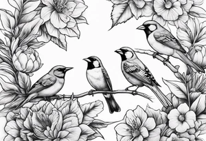 A flower garden with three birds one red cardinal one green and red breasted humming bird and one yellow finch tattoo idea