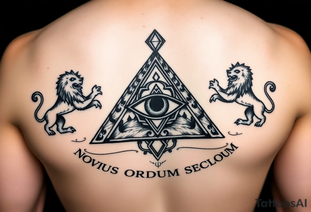 Pyramid with eye in the center, diamond on the top,lions on corners,surrounded by words - novus ordum seclorum tattoo idea