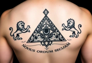 Pyramid with eye in the center, diamond on the top,lions on corners,surrounded by words - novus ordum seclorum tattoo idea