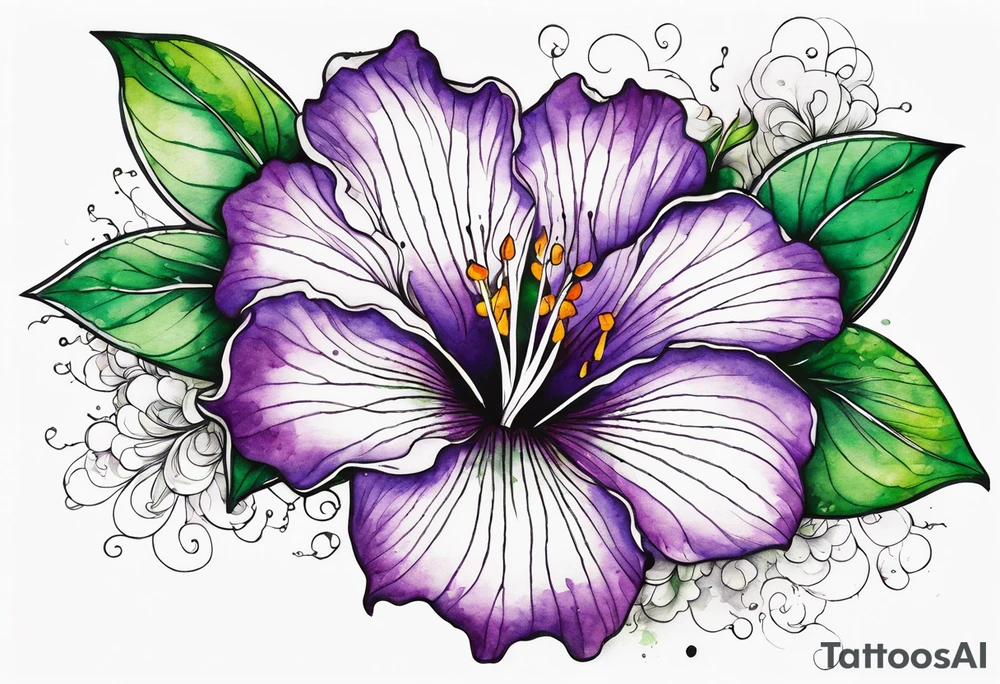An outline of a rio dipladenia flower with a green/purple watercolor splash in the background tattoo idea