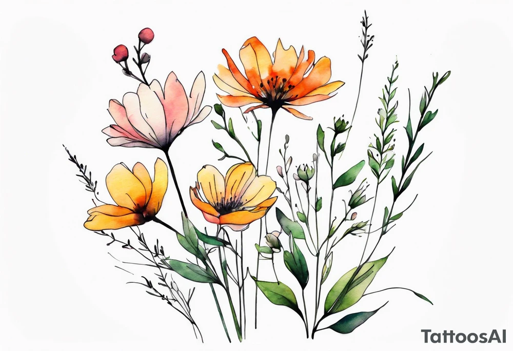 wild flowers long stems bouquet all watercolor tattoo idea