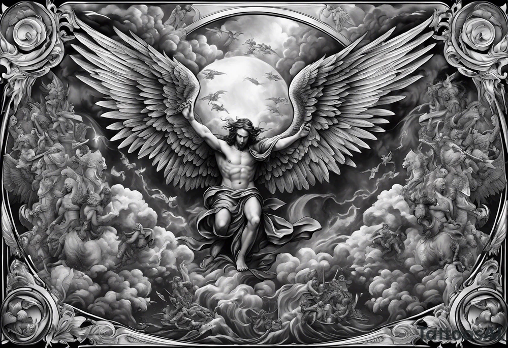 Full back piece depicting the war between angels above and demons below. Make the angels biblically accurate such as seraphim, ophanim, virtues, etc tattoo idea