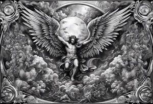 Full back piece depicting the war between angels above and demons below. Make the angels biblically accurate such as seraphim, ophanim, virtues, etc tattoo idea