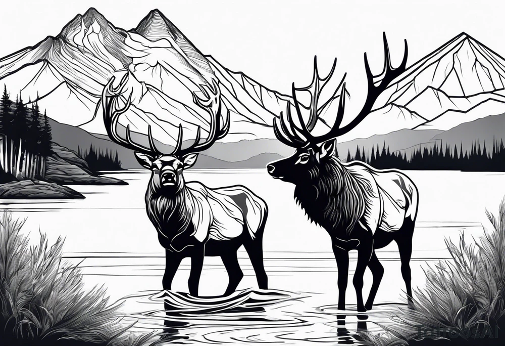 male and female elk near water with mountain landscape in the background tattoo idea