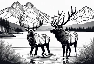 male and female elk near water with mountain landscape in the background tattoo idea